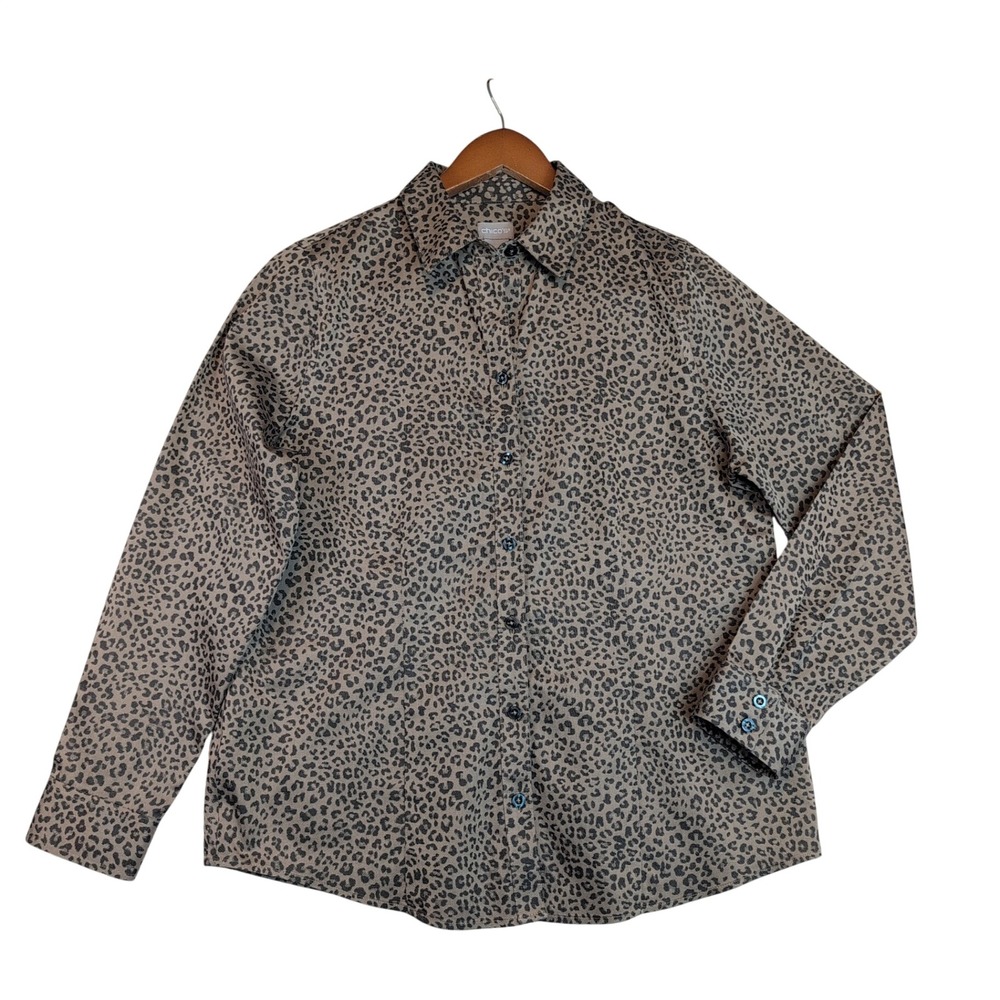 Chicos Vintage Leopard Animal Print Button Down Shirt Brown Black Sz Sm Office